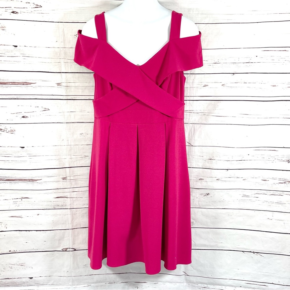 Adrianna Papell Womens A-Line Dress Cold Shoulder Size 14 V- Neck Fuchsia